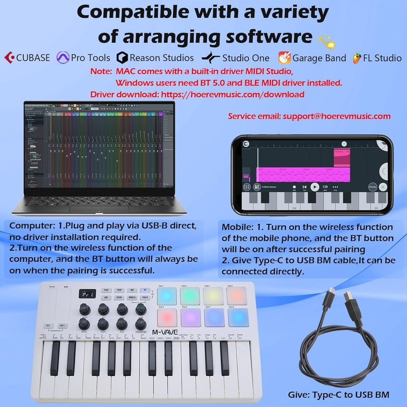 M-VAVE 25 مفتاح 8 وسادات درام مضاءة MIDI لوحة مفاتيح – صانع إيقاعات محترف وكيتر لإنتاج الموسيقى على لوحة المفاتيح مع بطارية مدمجة اتصال لاسلكي أبيض - Image 2